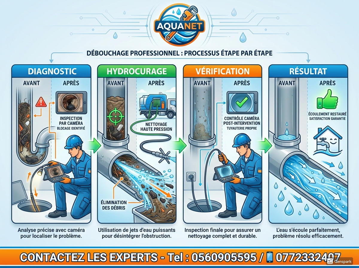 Processus débouchage ALPHA DÉBOUCHAGE : Diagnostic, Hydrocurage, Vérification, Résultat