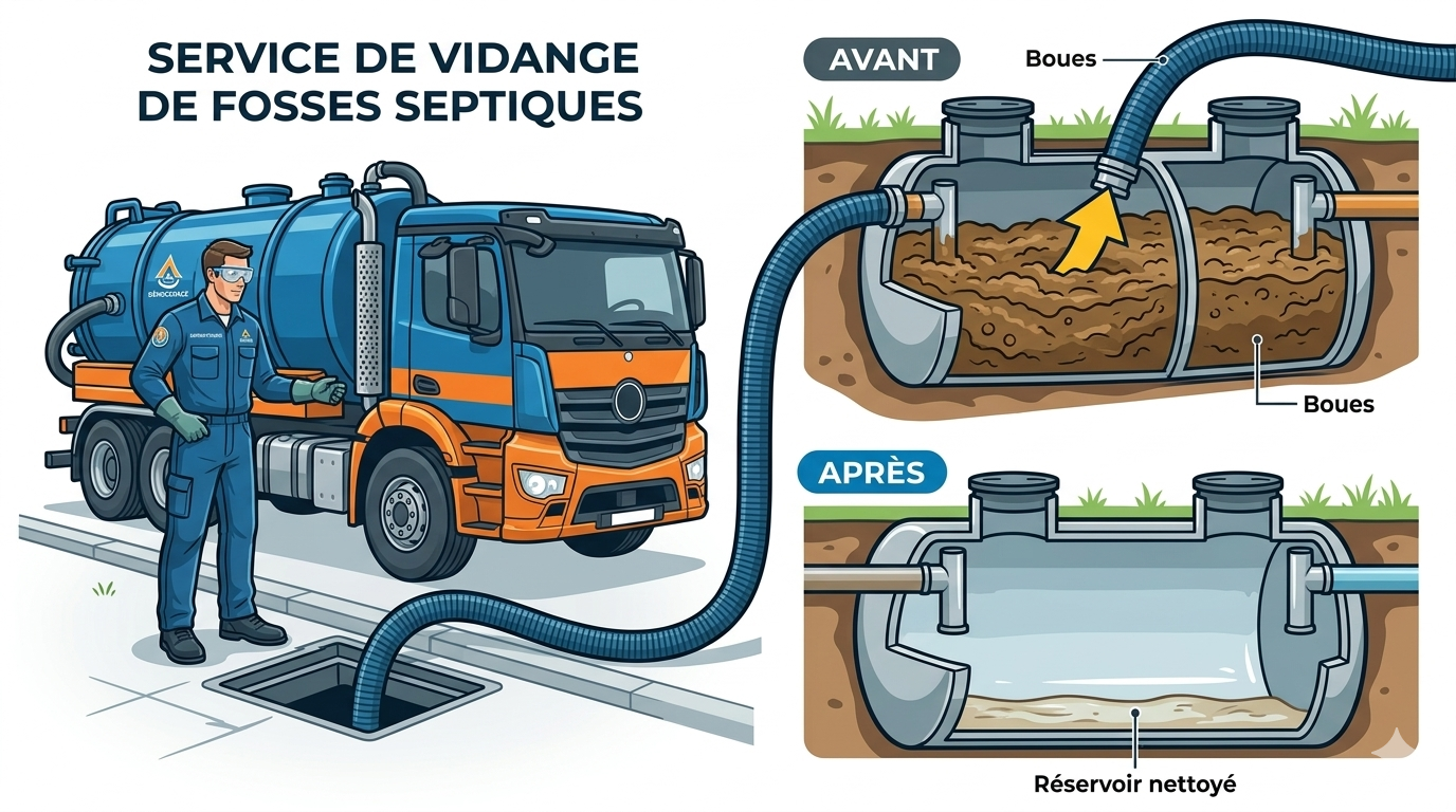 Service de vidange fosse septique ALPHA DÉBOUCHAGE — Avant/Après