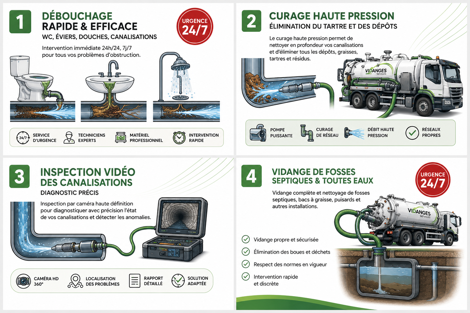 Services ALPHA DÉBOUCHAGE : Débouchage, Curage haute pression, Inspection vidéo, Vidange fosse septique